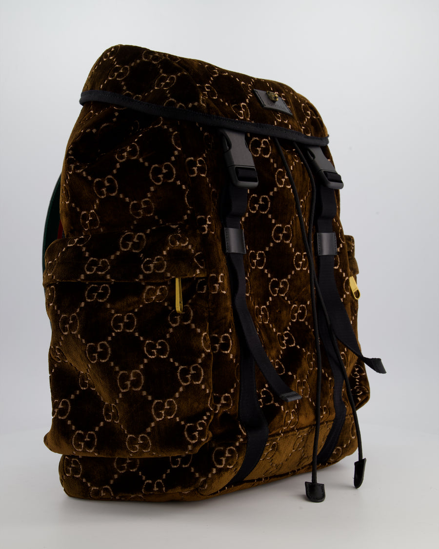 Gucci Brown & Black GG Backpack in Velvet Monogram Material & Black Leather Strap with Brushed Gold Hardware