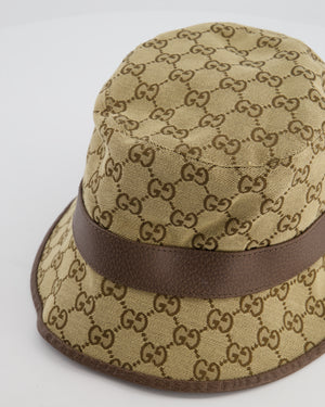 Gucci Brown GG Monogram Canvas Bucket Hat with Brown Leather Trim and Gold GG Logo Detail Size L RRP £435