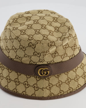 Gucci Brown GG Monogram Canvas Bucket Hat with Brown Leather Trim and Gold GG Logo Detail Size L RRP £435