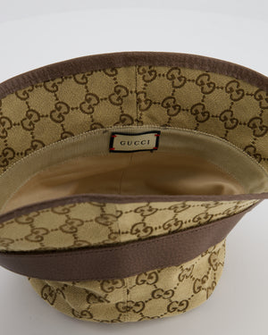 Gucci Brown GG Monogram Canvas Bucket Hat with Brown Leather Trim and Gold GG Logo Detail Size L RRP £435