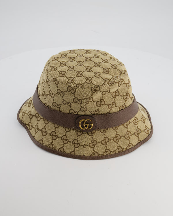 Gucci Brown GG Monogram Canvas Bucket Hat with Brown Leather Trim and Gold GG Logo Detail Size L RRP £435