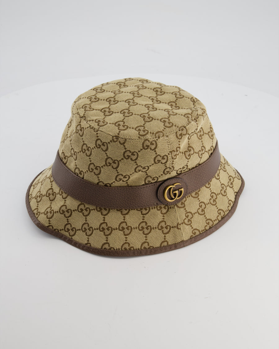 Gucci Brown GG Monogram Canvas Bucket Hat with Brown Leather Trim and Gold GG Logo Detail Size L RRP £435