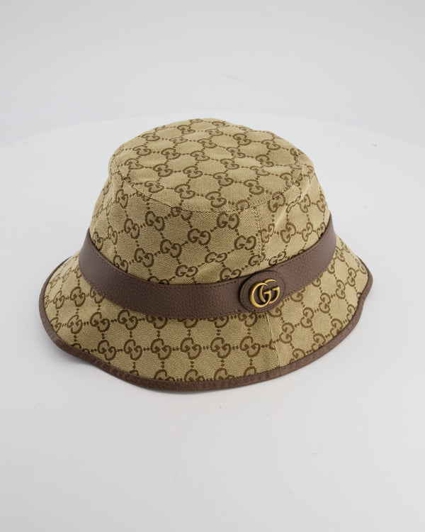 Gucci Brown GG Monogram Canvas Bucket Hat with Brown Leather Trim and Gold GG Logo Detail Size L RRP £435