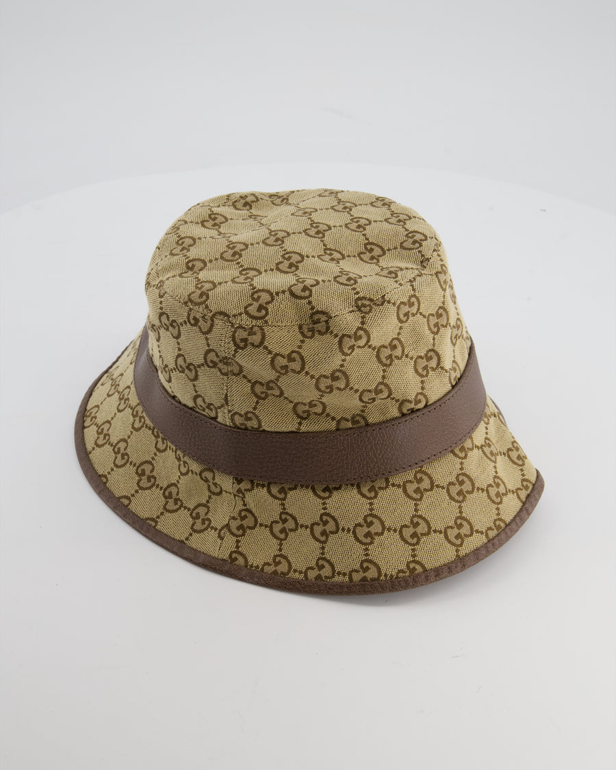 Gucci Brown GG Monogram Canvas Bucket Hat with Brown Leather Trim and Gold GG Logo Detail Size L RRP £435