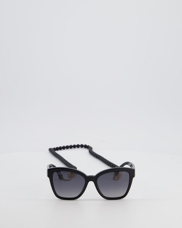 Chanel Black Square Sunglasses In Acetate Frame with Gold CC Logo & Grey Gradient Polarised Lenses RRP £545