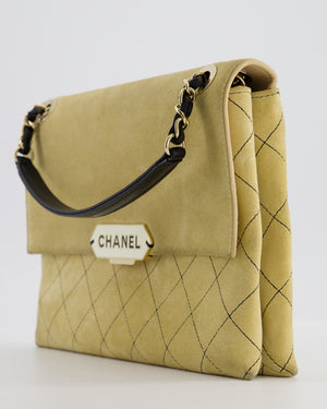 Chanel Beige Retro Label Matelasse Suede Flap Bag with Black Leather Chain & Champagne Gold Hardware