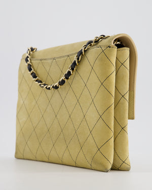 Chanel Beige Retro Label Matelasse Suede Flap Bag with Black Leather Chain & Champagne Gold Hardware
