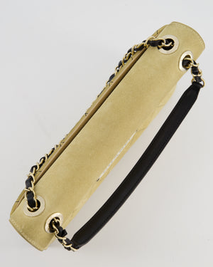 Chanel Beige Retro Label Matelasse Suede Flap Bag with Black Leather Chain & Champagne Gold Hardware