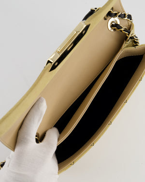 Chanel Beige Retro Label Matelasse Suede Flap Bag with Black Leather Chain & Champagne Gold Hardware