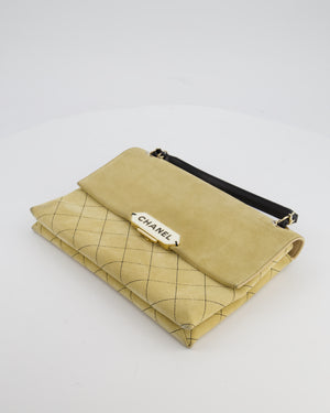 Chanel Beige Retro Label Matelasse Suede Flap Bag with Black Leather Chain & Champagne Gold Hardware