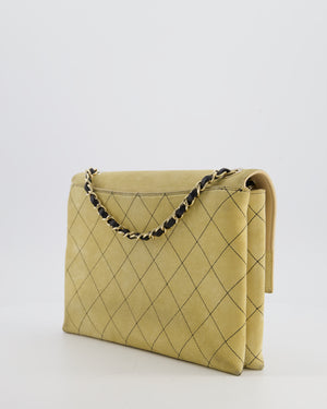 Chanel Beige Retro Label Matelasse Suede Flap Bag with Black Leather Chain & Champagne Gold Hardware