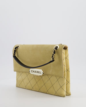 Chanel Beige Retro Label Matelasse Suede Flap Bag with Black Leather Chain & Champagne Gold Hardware