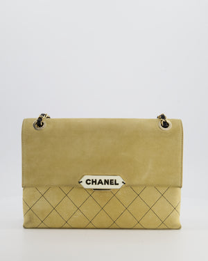 Chanel Beige Retro Label Matelasse Suede Flap Bag with Black Leather Chain & Champagne Gold Hardware