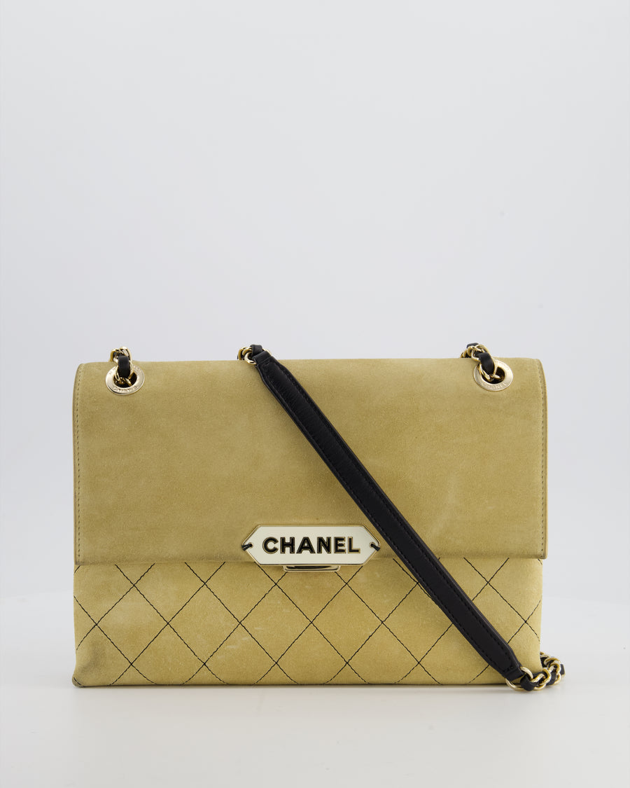 Chanel Beige Retro Label Matelasse Suede Flap Bag with Black Leather Chain & Champagne Gold Hardware