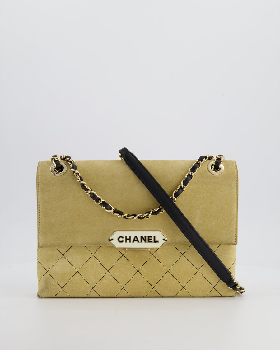 Chanel Beige Retro Label Matelasse Suede Flap Bag with Black Leather Chain & Champagne Gold Hardware