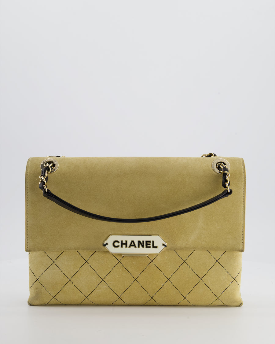 Chanel Beige Retro Label Matelasse Suede Flap Bag with Black Leather Chain & Champagne Gold Hardware