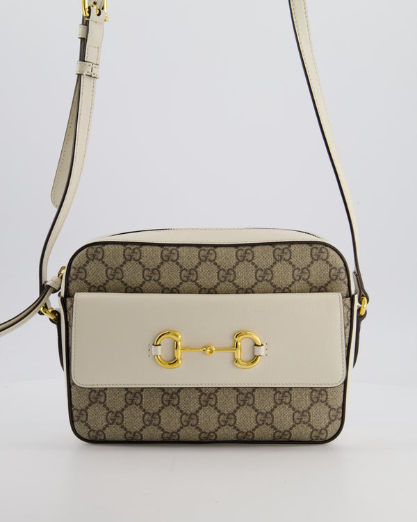 Gucci Cream and Monogram GG Supreme Horsebit Camera Small Crossbody Bag with Gold Hardware&nbsp;