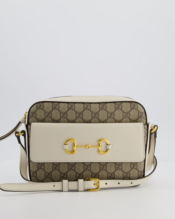 Gucci Cream and Monogram GG Supreme Horsebit Camera Small Crossbody Bag with Gold Hardware&nbsp;