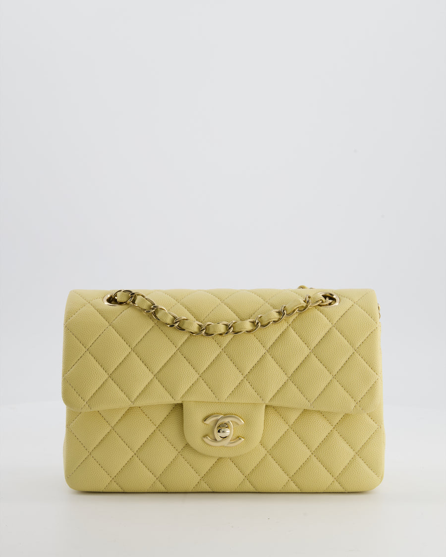 *RARE COLOUR* Chanel Small Classic Double Flap Bag in Butter Yellow Caviar Leather with Champagne Gold Hardware