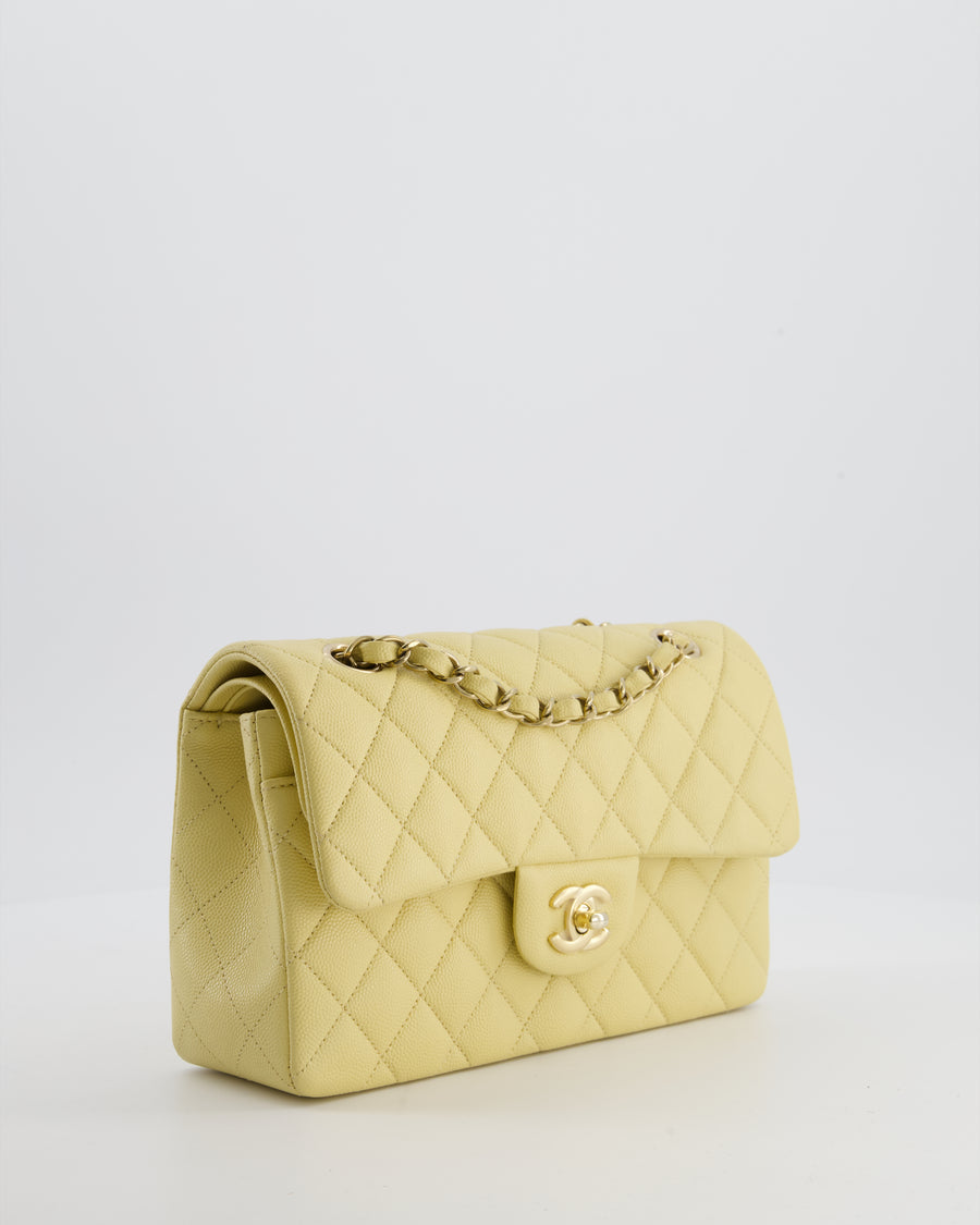 *RARE COLOUR* Chanel Small Classic Double Flap Bag in Butter Yellow Caviar Leather with Champagne Gold Hardware