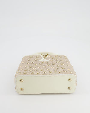 Louis Vuitton Capucines Satin Mini Bag in White Cowhide Leather with Gold Metallic Embroidery and Gold Studs Detail
