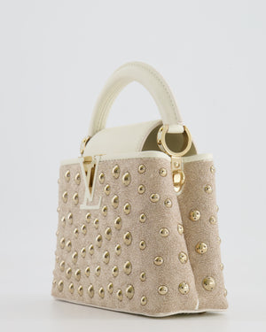 Louis Vuitton Capucines Satin Mini Bag in White Cowhide Leather with Gold Metallic Embroidery and Gold Studs Detail