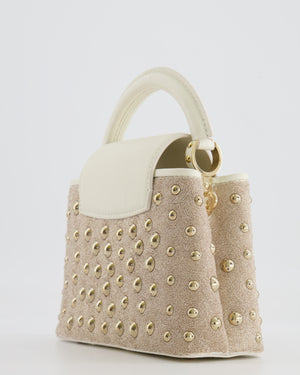 Louis Vuitton Capucines Satin Mini Bag in White Cowhide Leather with Gold Metallic Embroidery and Gold Studs Detail