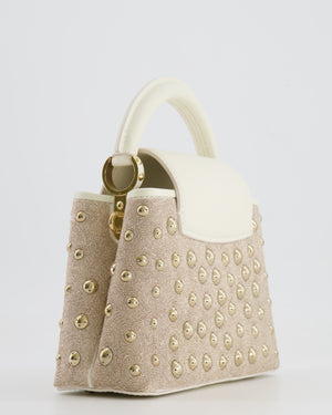 Louis Vuitton Capucines Satin Mini Bag in White Cowhide Leather with Gold Metallic Embroidery and Gold Studs Detail