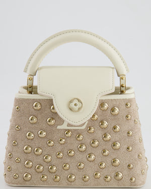 Louis Vuitton Capucines Satin Mini Bag in White Cowhide Leather with Gold Metallic Embroidery and Gold Studs Detail