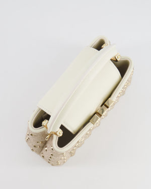 Louis Vuitton Capucines Satin Mini Bag in White Cowhide Leather with Gold Metallic Embroidery and Gold Studs Detail