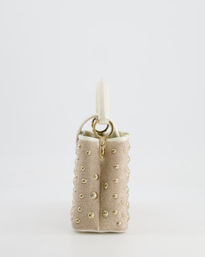Louis Vuitton Capucines Satin Mini Bag in White Cowhide Leather with Gold Metallic Embroidery and Gold Studs Detail