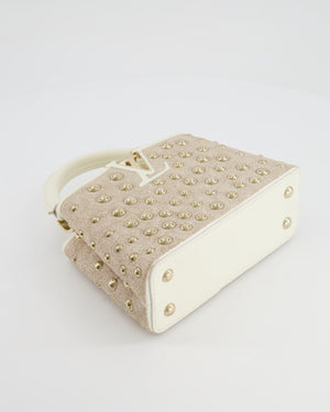 Louis Vuitton Capucines Satin Mini Bag in White Cowhide Leather with Gold Metallic Embroidery and Gold Studs Detail
