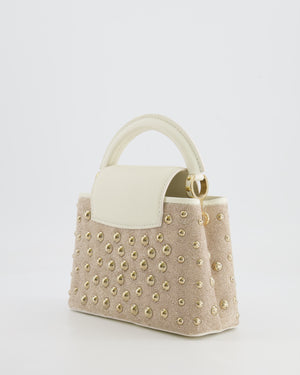 Louis Vuitton Capucines Satin Mini Bag in White Cowhide Leather with Gold Metallic Embroidery and Gold Studs Detail
