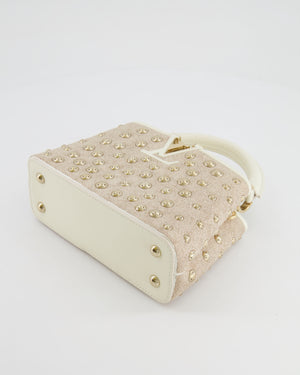 Louis Vuitton Capucines Satin Mini Bag in White Cowhide Leather with Gold Metallic Embroidery and Gold Studs Detail
