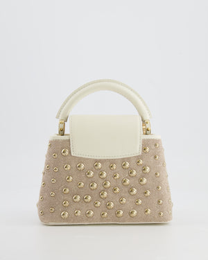 Louis Vuitton Capucines Satin Mini Bag in White Cowhide Leather with Gold Metallic Embroidery and Gold Studs Detail