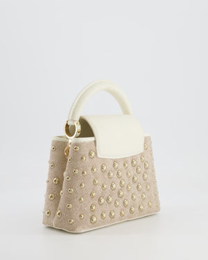 Louis Vuitton Capucines Satin Mini Bag in White Cowhide Leather with Gold Metallic Embroidery and Gold Studs Detail