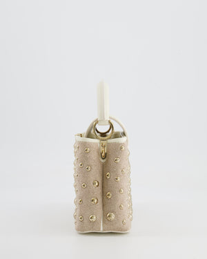 Louis Vuitton Capucines Satin Mini Bag in White Cowhide Leather with Gold Metallic Embroidery and Gold Studs Detail
