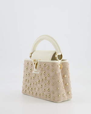 Louis Vuitton Capucines Satin Mini Bag in White Cowhide Leather with Gold Metallic Embroidery and Gold Studs Detail