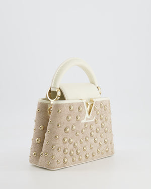 Louis Vuitton Capucines Satin Mini Bag in White Cowhide Leather with Gold Metallic Embroidery and Gold Studs Detail