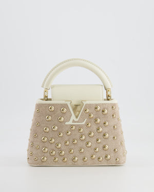 Louis Vuitton Capucines Satin Mini Bag in White Cowhide Leather with Gold Metallic Embroidery and Gold Studs Detail