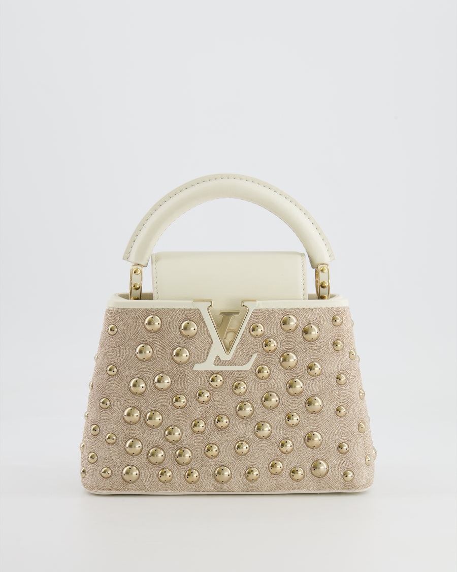 Louis Vuitton Capucines Satin Mini Bag in White Cowhide Leather with Gold Metallic Embroidery and Gold Studs Detail