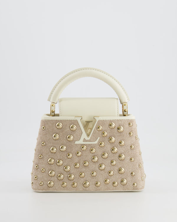 Louis Vuitton Capucines Satin Mini Bag in White Cowhide Leather with Gold Metallic Embroidery and Gold Studs Detail