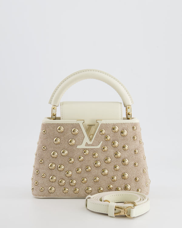 Louis Vuitton Capucines Satin Mini Bag in White Cowhide Leather with Gold Metallic Embroidery and Gold Studs Detail