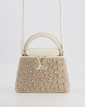 Louis Vuitton Capucines Satin Mini Bag in White Cowhide Leather with Gold Metallic Embroidery and Gold Studs Detail