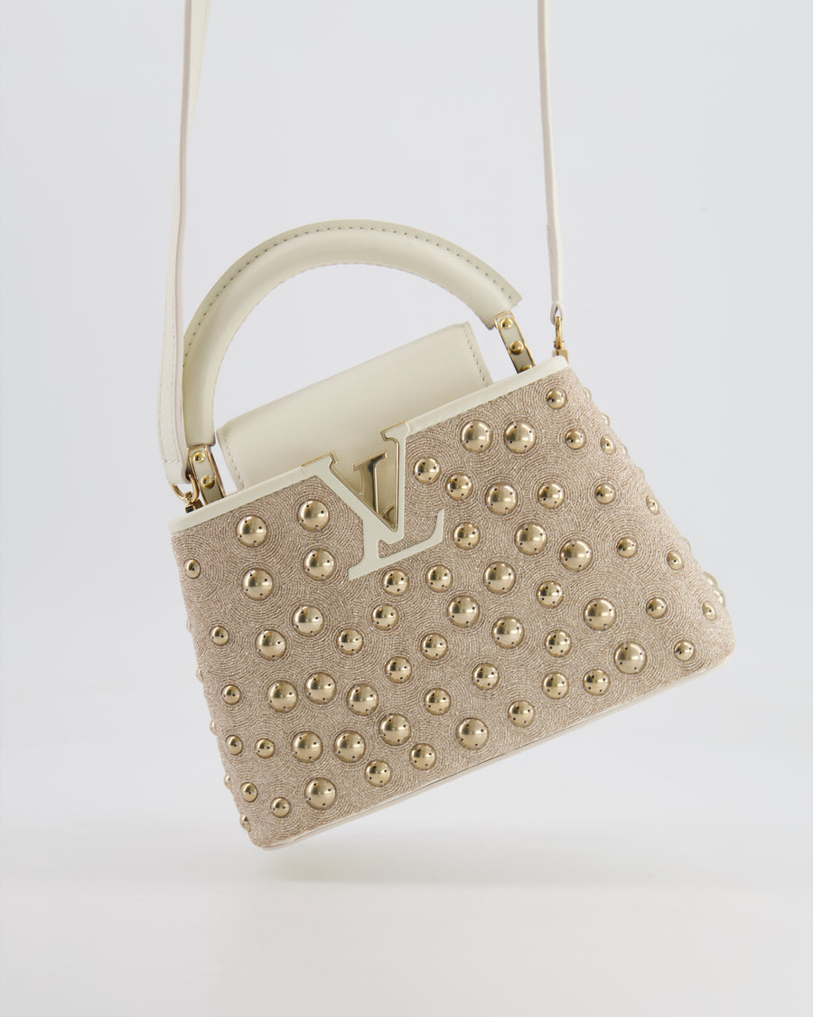 Louis Vuitton Capucines Satin Mini Bag in White Cowhide Leather with Gold Metallic Embroidery and Gold Studs Detail
