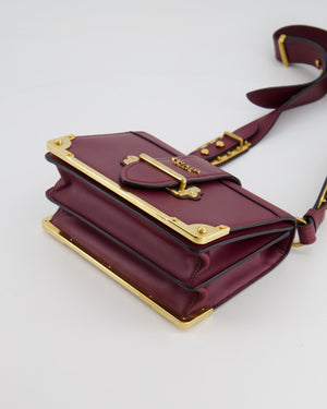 Prada Burgundy Cahier Cross-Body Shoulder Bag  In Saffiano Calfskin Leather with Gold Hardware
