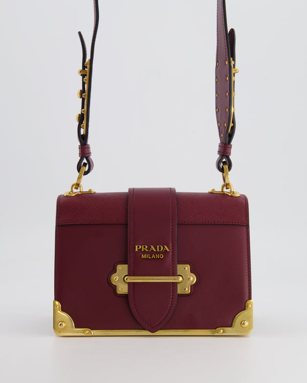 Prada Burgundy Cahier Cross-Body Shoulder Bag  In Saffiano Calfskin Leather with Gold Hardware