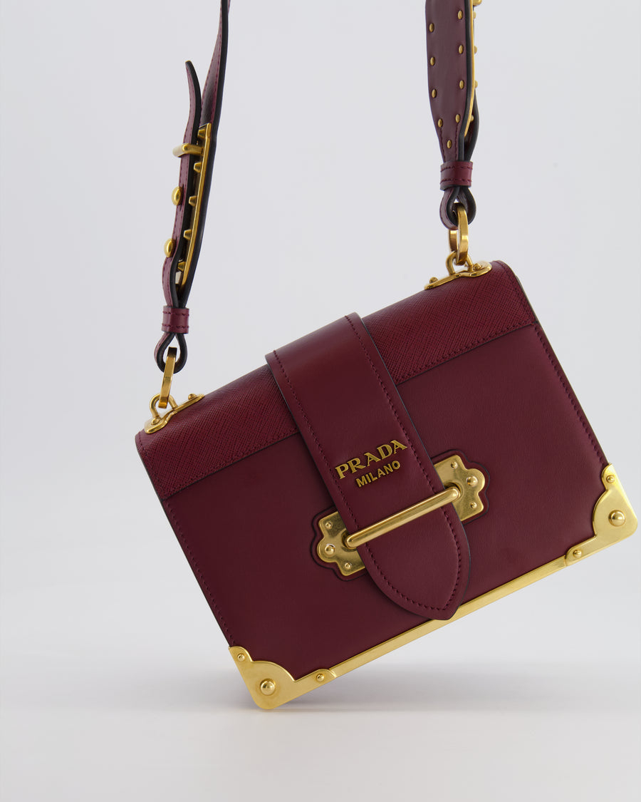 Prada Burgundy Cahier Cross-Body Shoulder Bag  In Saffiano Calfskin Leather with Gold Hardware