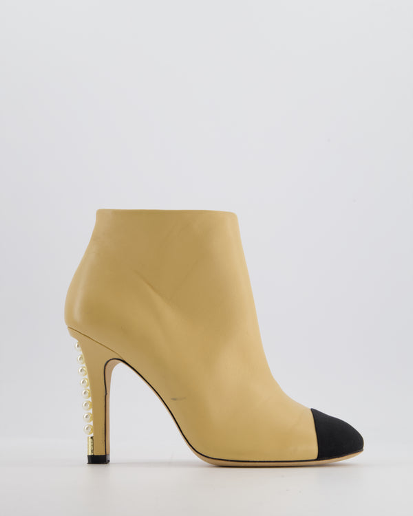 Chanel Beige Classic Ankle Boots In Calfskin Leather with Black Toe & Pearls Heel Details Size EU 39C
