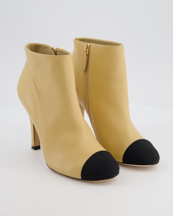 Chanel Beige Classic Ankle Boots In Calfskin Leather with Black Toe & Pearls Heel Details Size EU 39C